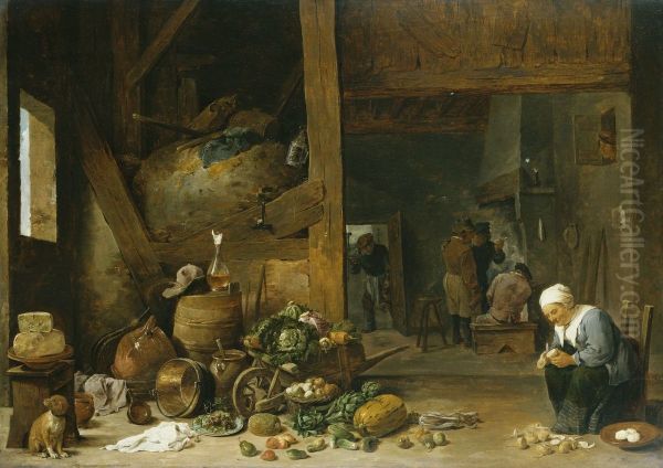 The Interior of a Kitchen with an Old Woman Peeling Turnips - view 1