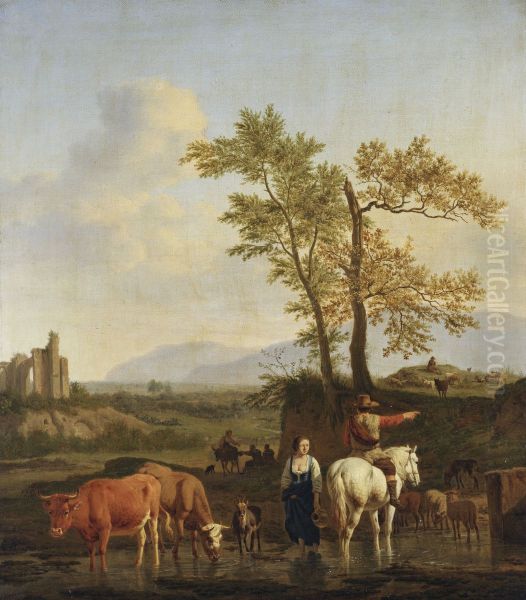 A Horseman at a Ford, Asking the Way of a Herdswoman, in an Italianate Landscape - view 1