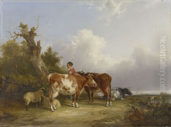 a Dairymaid with Sheep and Cattle in a Landscape - view 1