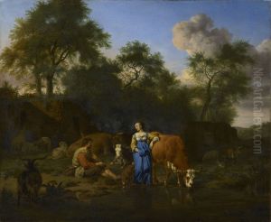 Shepherd and Shepherdess with Cattle by a Stream by Adriaen Van De Velde