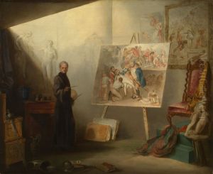 Self-Portrait in the Artist's Studio with the Painting of 'The Death of Nelson' by Samuel Drummond