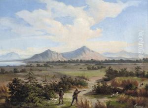 Hunstmen With Their Dogs In A Landscape by Eugenio Cecconi