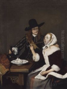 Homme incitant une femme a boire by Gerard Ter Borch