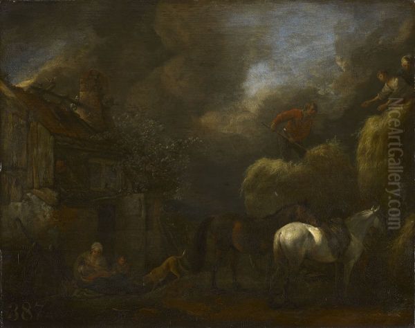 Stacking a Hayrick under a Stormy Sky - view 1