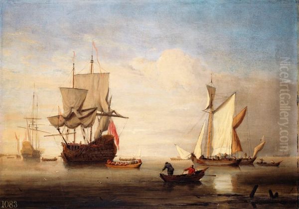 an English Three-Decker Drying Sails with two Galliots near her - view 1
