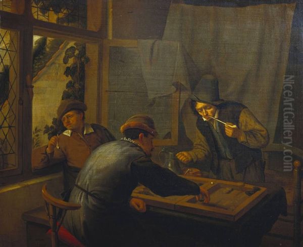 Three Backgammon Players in an Interior - view 1