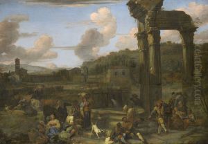 Figures in a Classical Landscape with Ruins by Dirck Helmbreker