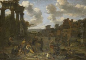 Figures in a Classical Landscape with Ruins by Dirck Helmbreker