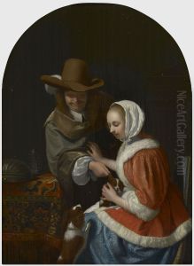 A Man Pulling a Lapdog's Ear in a Woman's Lap A Man Pulling a Lapdog's Ear in a Woman's Lap