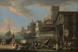 A Capriccio View with a Shipyard by Luca Carlevarijs