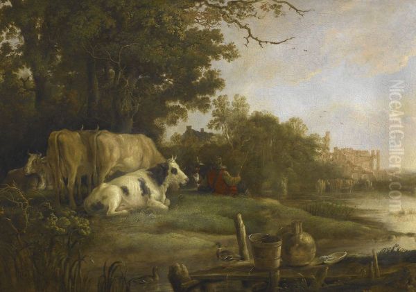 Cows in a Pasture beside a River before the Ruins of the Abbey of Rijnsburg - view 1