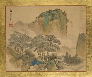 A House next to Pine Trees, in front of Mountains by Tani Buncho
