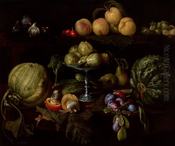 Figs on a Tazza with Pears, Quinces, Melons, Plums, Mushrooms on a Table, with Figs, Cherries, Peaches, and Acorns on a Ledge Above - view 1