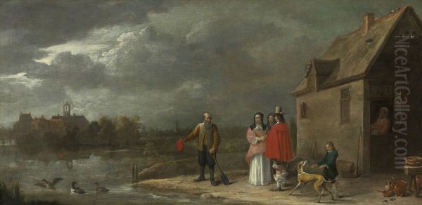 A Family Standing in a Landscape with a Moated House in the Background - view 1