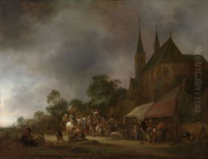 A Village Fair, with a Church behind by Isaac Van Ostade