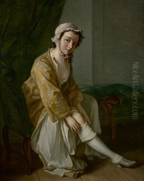 A Young Woman Pulling on Her Stocking - view 1