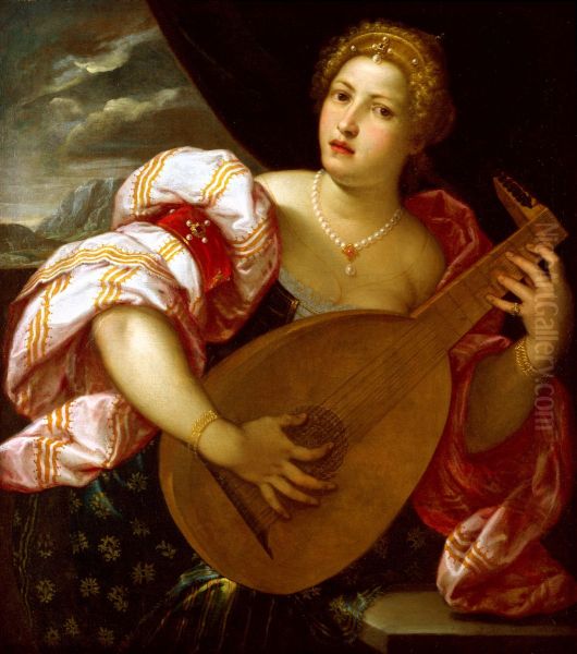 Young Woman Playing a Lute - view 1