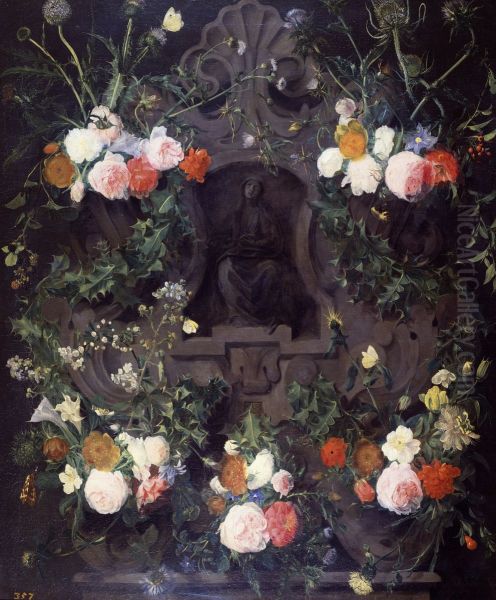 A Garland of Flowers on a Carved Stone Medallion - view 1