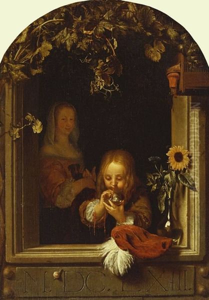 A Boy at a Ledge Blowing Bubbles - view 1