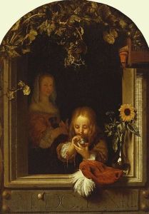 A Boy at a Ledge Blowing Bubbles