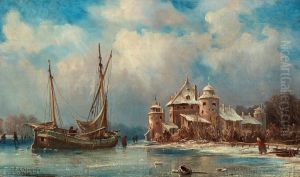 Landscape In Winter With A Lake And A Castle by Per Wilhelm Cedergren