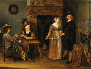 "Lockere Gesellschaft", zwei Frauen und drei Manner am Kartentisch by Quirijn van Brekelenkam