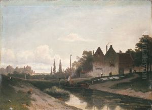 river near village by Jan Weissenbruch
