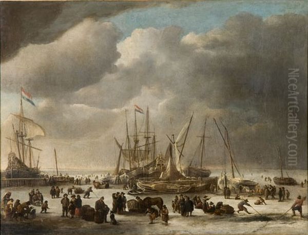 Wintergezicht met schepen vastgelopen in het ijs - view 1