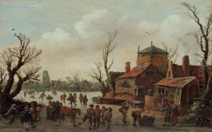 Winter Landscape with Skaters on a River by Jan van Goyen