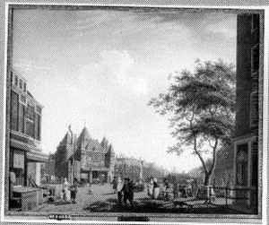 Gezicht op de Nieuwmarkt te Amsterdam