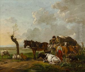 Landschap met een boerenmeisje en een voerman in gesprek