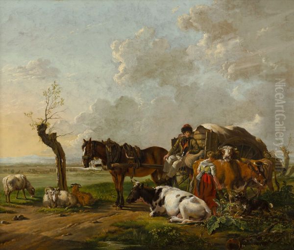 Landscape with a farmgirl and a foreman in conversation - view 1