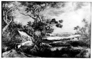 Landschap met boerderij, in de verte een gezicht op een stad by Gillis d'Hondecoeter