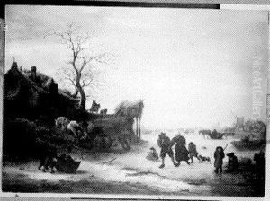 Winter Scene with Figures on an Iced-over Canal by Isaac Van Ostade