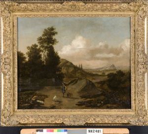Heuvelig landschap met jager by Jan Weenix