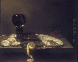 Stilleven met roemer, Chinese schaal en oesters