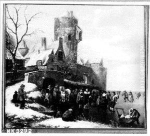 IJsgezicht met schaatsers bij een stadsmuur