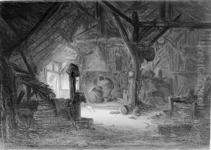 Interieur van een schuur met man en vrouw bij het vuur by Isaac Van Ostade