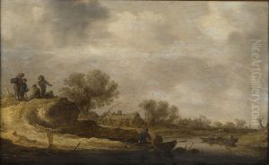 Landschap met rustende reizigers op heuvel bij rivier by Jan van Goyen