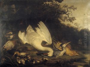 Zwaan, aalscholver en andere dode vogels in een landschap by Jacob de Wet II