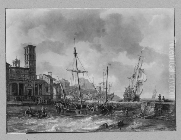 Italienischer Hafen mit Segelschiffen und Staffage - view 1