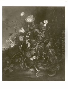 Flower still life with kingfisher and lizard in a landscape Flower still life with kingfisher and lizard in a landscape