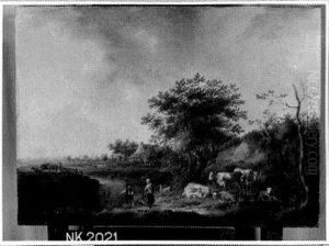 Landscape with farmhouse, cattle and an angler
