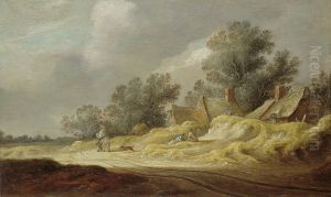 Boerderijen aan een landweg met ruiter by Pieter de Neyn