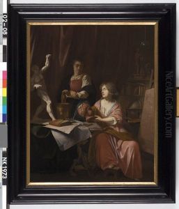 Lady and girl in the studio of an artist by Johannes Voorhout