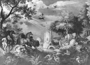 Landschap met vechtende paarden en vogels