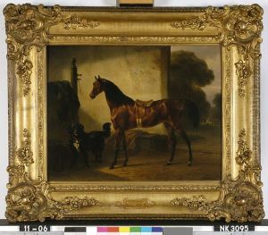 Interieur van een stal met rijpaard en hond by Wouterus Verschuur