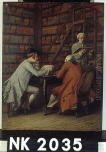 Drie mannen in een bibliotheek by Eugene Fichel