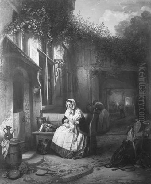 A Woman Knitting in a Courtyard - view 1