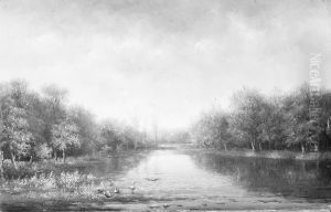 Landschap met vijver en bomen by Johannes Warnardus Bilders